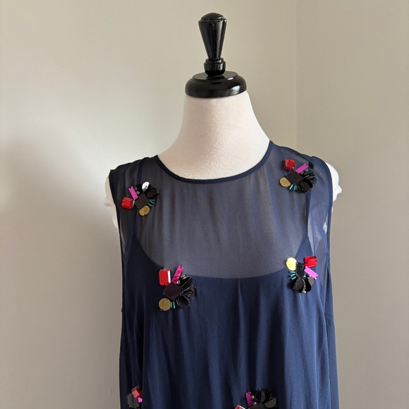 DKNY Sheer Embellished Sheath Silk Midi Dress Women's L Navy Holiday NYE Party - Picture 2 of 11